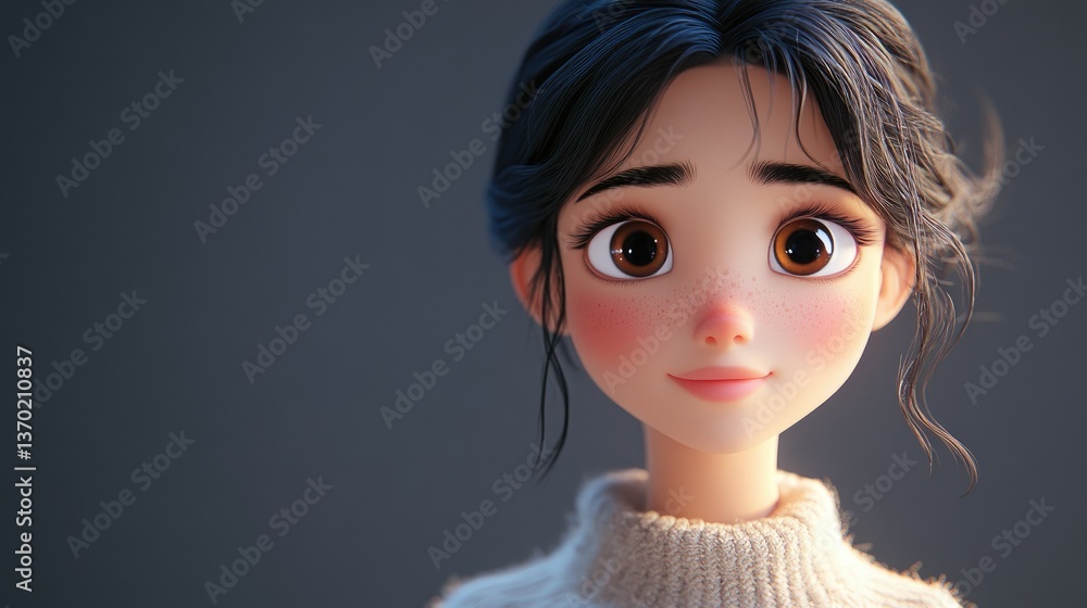 Cartoon Girl Character Portrait with Brunette Hair and Wool Sweater Cartoon Girl Character Portrait with Brunette Hair and Wool Sweater