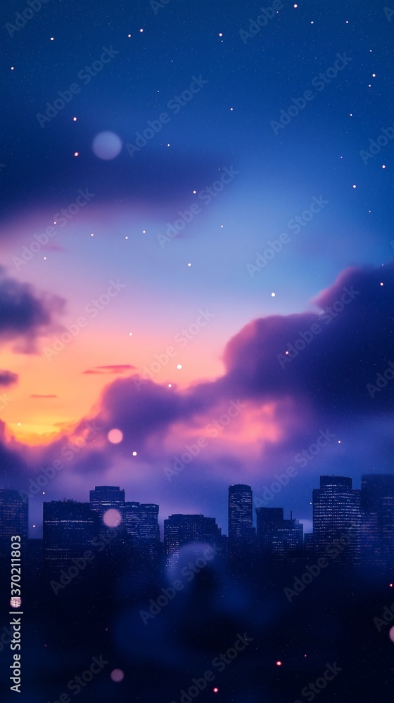 Cityscape at Sunset with Clouds and Stars Cityscape at Sunset with Clouds and Stars