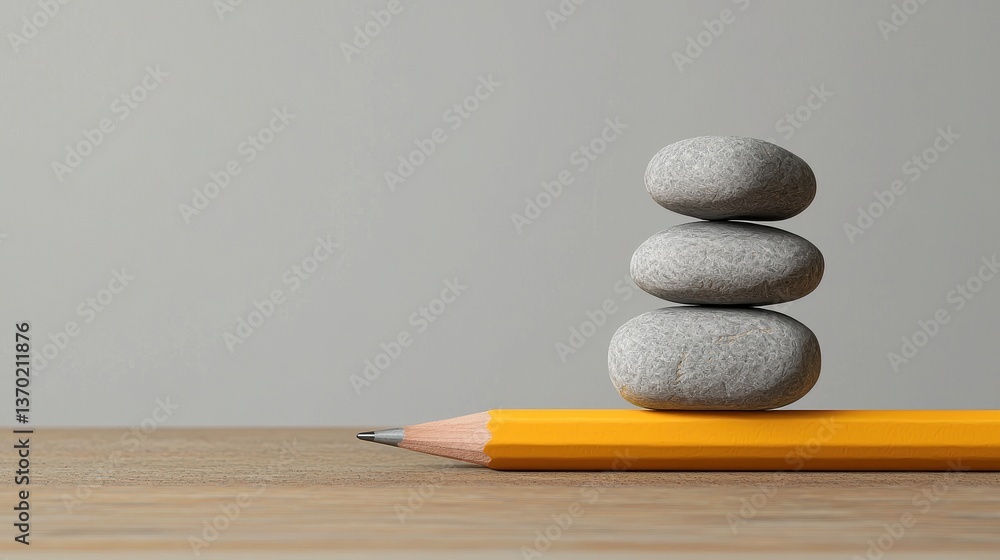 Obraz premium Balanced Stones Stacked on Yellow Pencil Against Gray Background