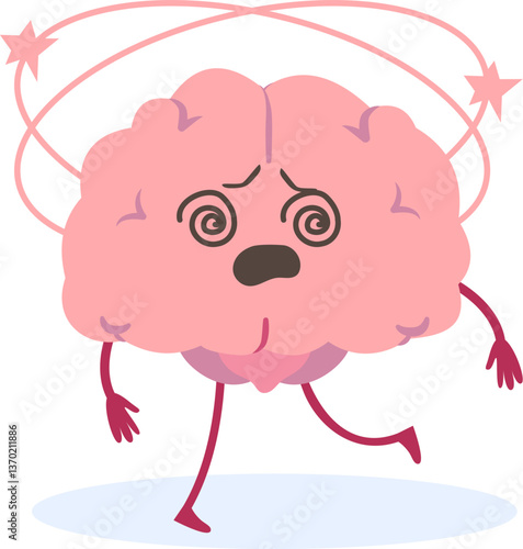 Cute dizzy pink brain character emoji feeling dizzy vector illustration. Funny stressed cartoon emoticon for mental health or psychology concept