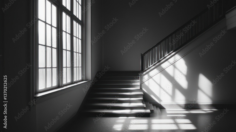 Obraz premium Sunlight stairwell interior; shadows, light, architectural; interior design concept