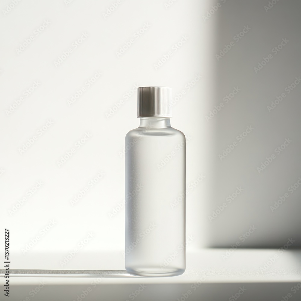 Minimalist presentation of clear liquid bottle with subtle shadow backdrop Minimalist presentation of clear liquid bottle with subtle shadow backdrop