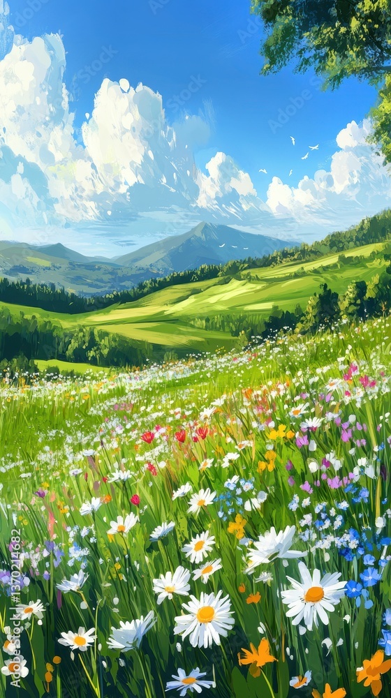 Fototapeta premium Vibrant Wildflower Meadow: A picturesque landscape of a vibrant wildflower meadow stretching towards majestic mountains under a bright, summer sky.