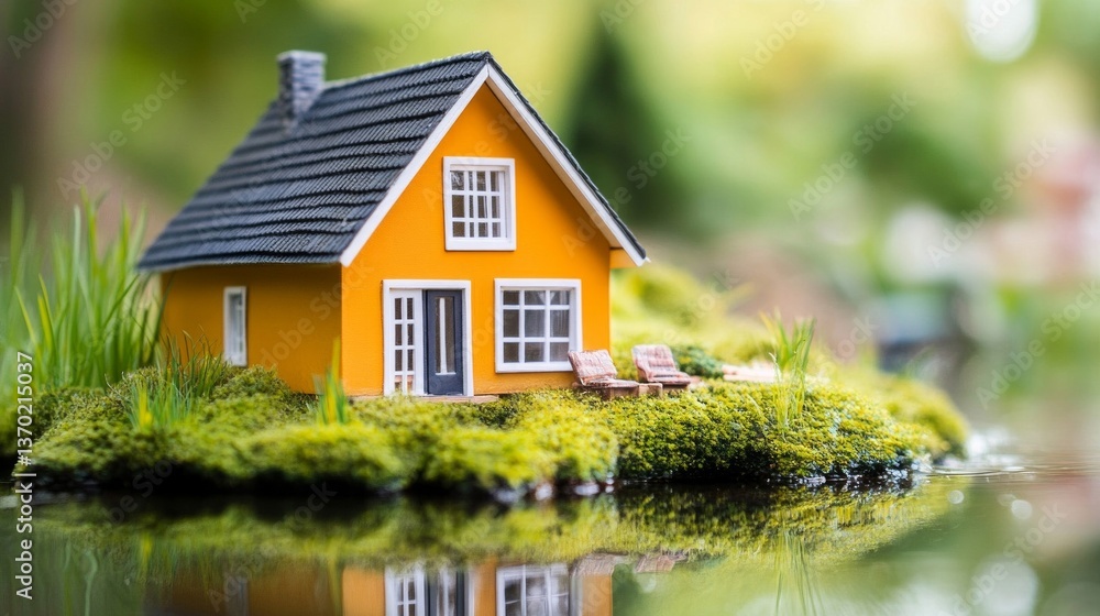 Orange Miniature House on Mossy Island Reflection Orange Miniature House on Mossy Island Reflection