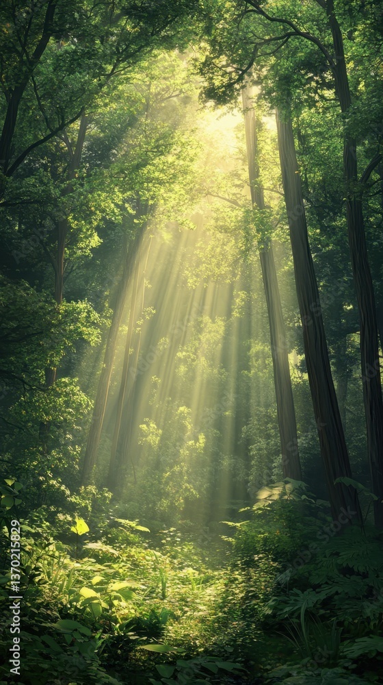 Obraz premium Sunlit Forest: A breathtaking display of sunlight piercing through the dense canopy of a verdant forest, illuminating the natural beauty and peaceful ambiance.