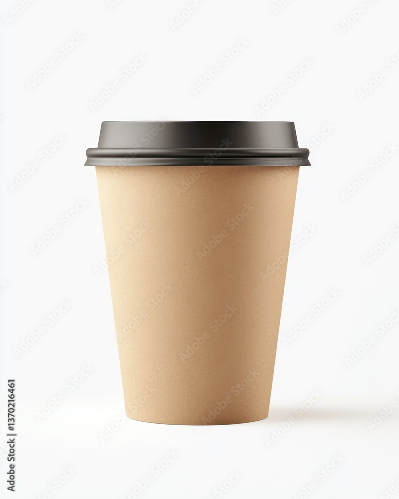 Single-use coffee cup, light beige color, with a black lid Single-use coffee cup, light beige color, with a black lid