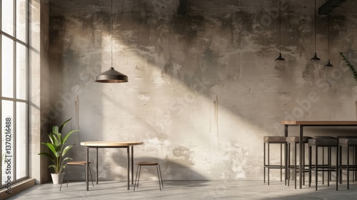 Industrial Cafe Interior Design, Modern cafe with exposed brick wall, sunlight, and minimalist furniture.