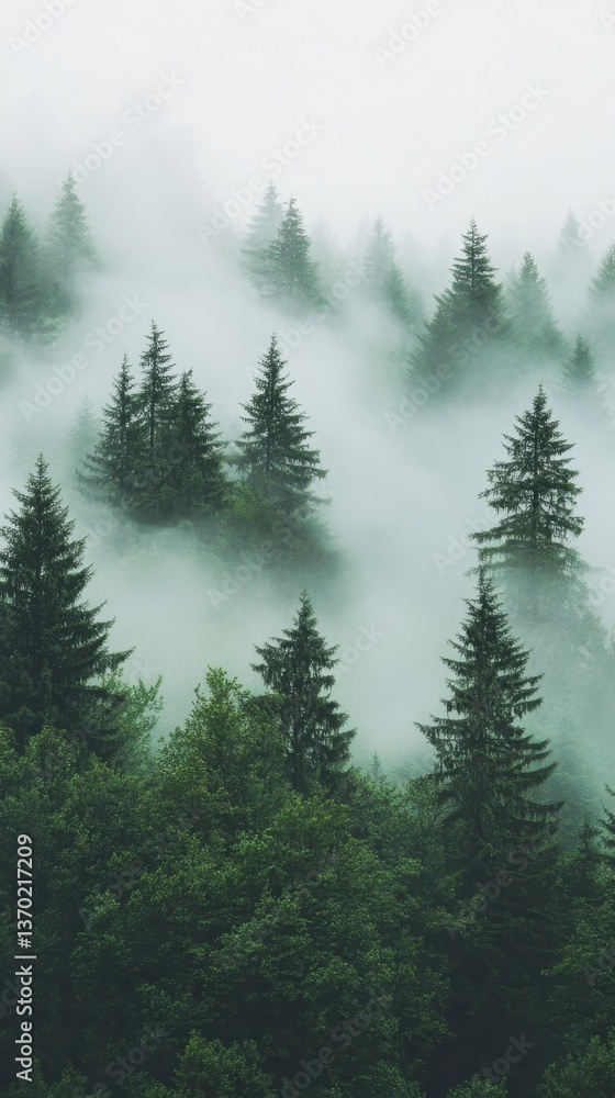 Enshrouded Forest: A breathtaking panorama of a misty forest, towering evergreen trees emerging from a sea of ethereal fog, creating a tranquil and serene scene. Enshrouded Forest: A breathtaking panorama of a misty forest, towering evergreen trees emerging from a sea of ethereal fog, creating a tranquil and serene scene.