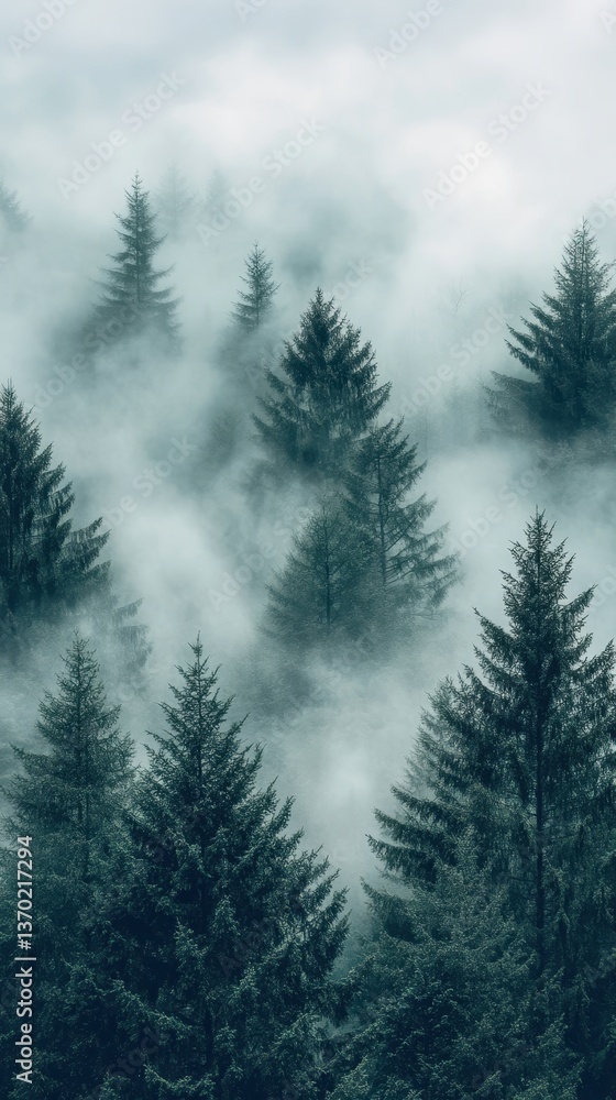 Obraz premium Mystical Fog in the Forest: An ethereal scene of towering evergreen trees shrouded in a blanket of swirling mist, capturing the raw essence of nature and stillness.