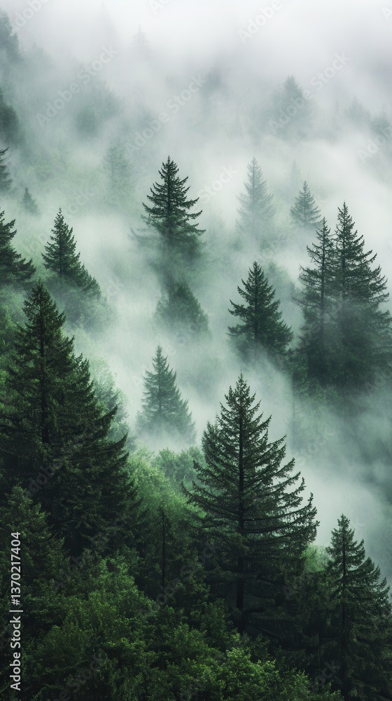 Fototapeta premium Misty Forest Canopy: Serene panorama of a vibrant green forest, enveloped in a veil of soft, ethereal mist, and a sky that whispers secrets.