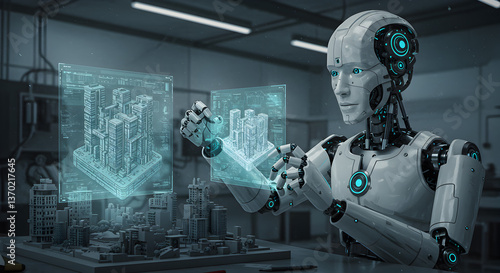 Futuristic city planning aided by advanced robotic technology and digital interface