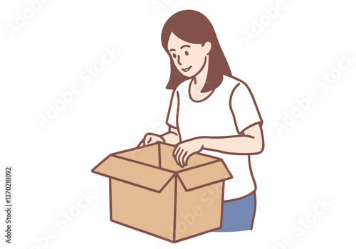 A happy smiling young woman is opening a package at home. Hand drawn style vector design illustrations.