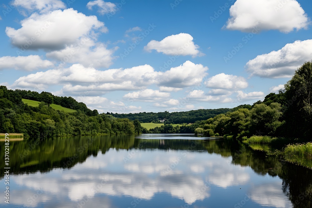 Lake reflects clouds; trees line shore under bright blue sky Lake reflects clouds; trees line shore under bright blue sky