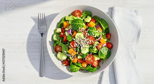 A neatly arranged salad bowl with a fork and napkin on a white surface-