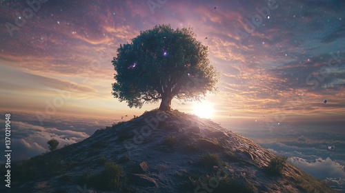 Majestic tree on a hill at sunset with a starry sky, generative ai, World Earth Day