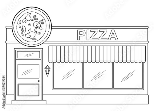 Pizzeria building restaurant exterior graphic black white isolated sketch illustration vector
