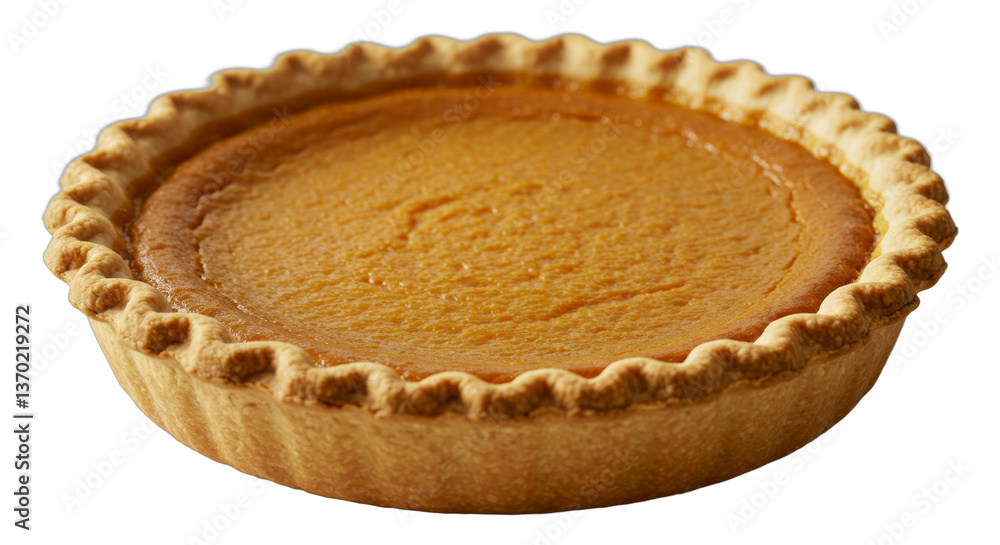 Delectable homemade pumpkin pie with flaky crust isolated on white background Delectable homemade pumpkin pie with flaky crust isolated on white background