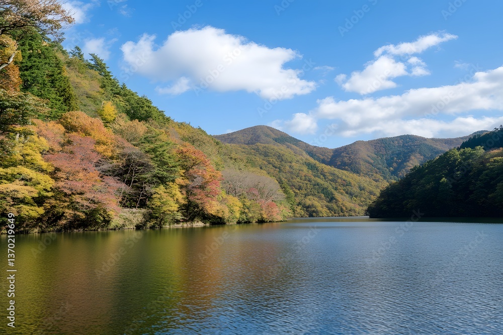 Lake view surrounded by trees and mountains on a sunny day Lake view surrounded by trees and mountains on a sunny day