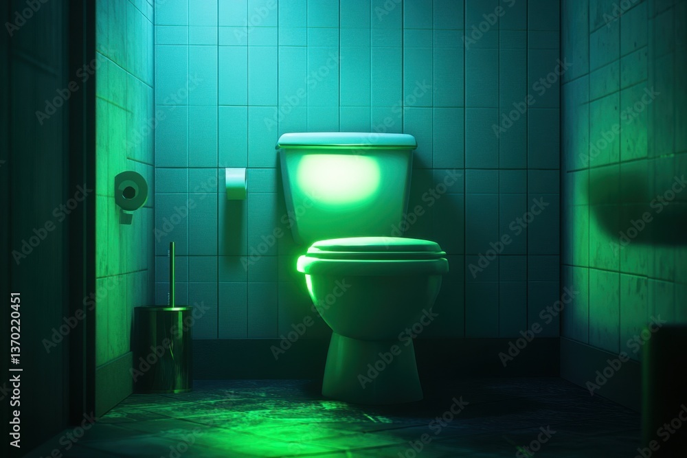 Glowing toilet in dimly lit, tiled restroom Glowing toilet in dimly lit, tiled restroom