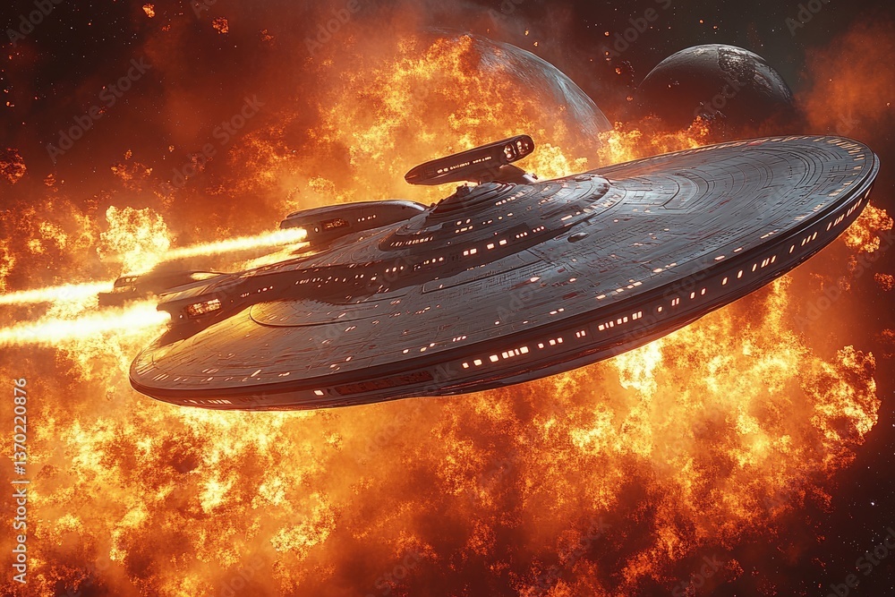 A detailed spaceship is navigating through a fiery interstellar environment A detailed spaceship is navigating through a fiery interstellar environment