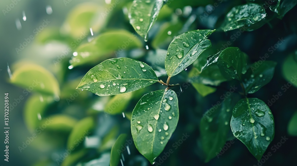 On rainy days, green leaves and a blurred background, raindrops falling on the trees create a serene and peaceful atmosphere. Fresh air, water droplets, lush foliage, create a serene experience. On rainy days, green leaves and a blurred background, raindrops falling on the trees create a serene and peaceful atmosphere. Fresh air, water droplets, lush foliage, create a serene experience.