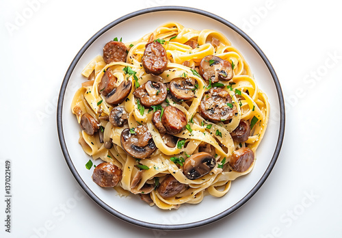 Delicious Pasta with Sausage and Mushrooms on a White Plate
