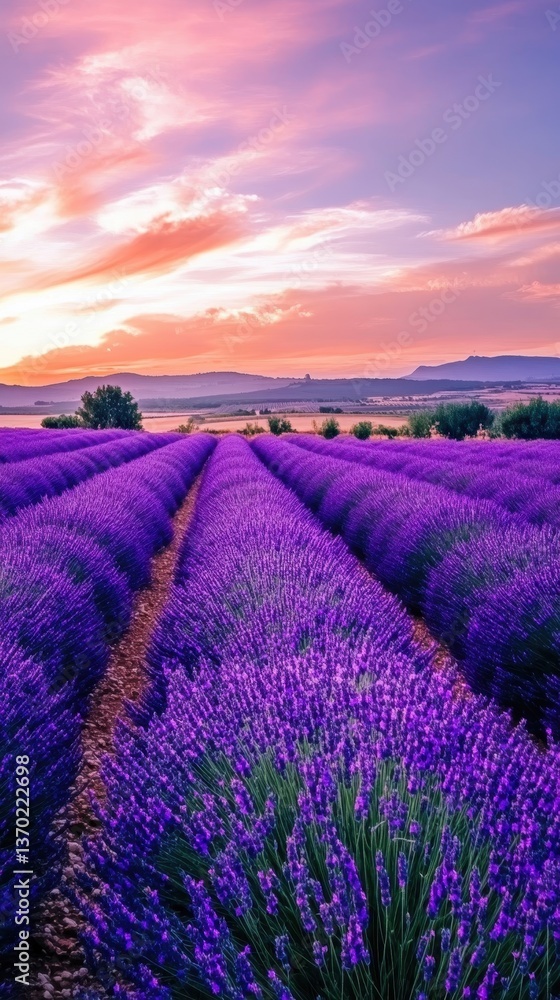 Lavender Fields at Sunset: Rows upon rows of vibrant lavender flowers stretch towards the horizon, painted with the warm hues of a sunset sky in shades of purple and orange. Lavender Fields at Sunset: Rows upon rows of vibrant lavender flowers stretch towards the horizon, painted with the warm hues of a sunset sky in shades of purple and orange.