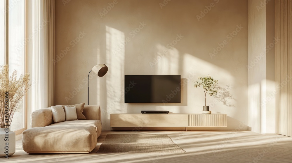 Fototapeta premium Beige modern living room with sunlight