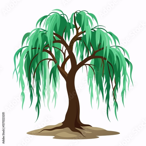Illustration of a weeping willow tree with green leaves and brown trunk on white background