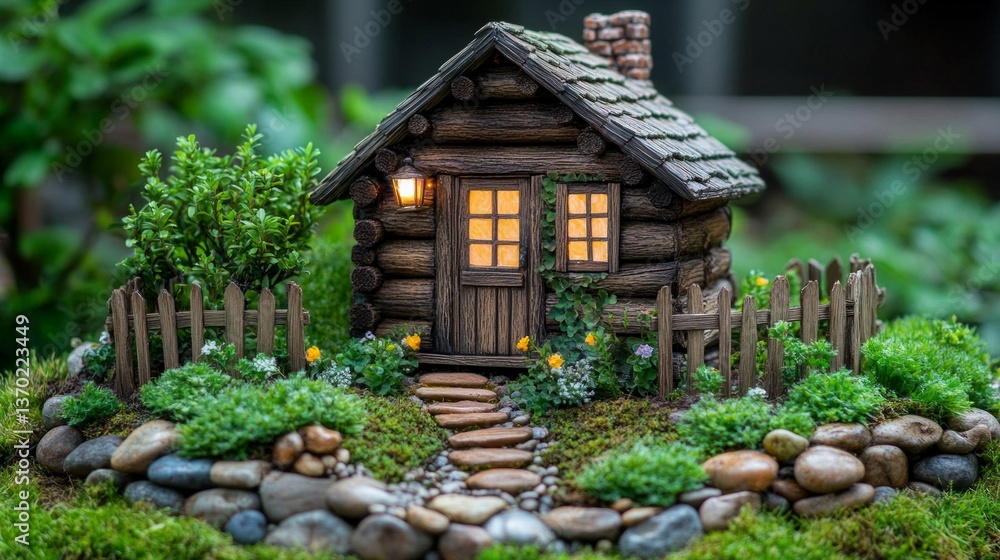 Fototapeta premium Miniature Log Cabin in a Charming Fairy Garden