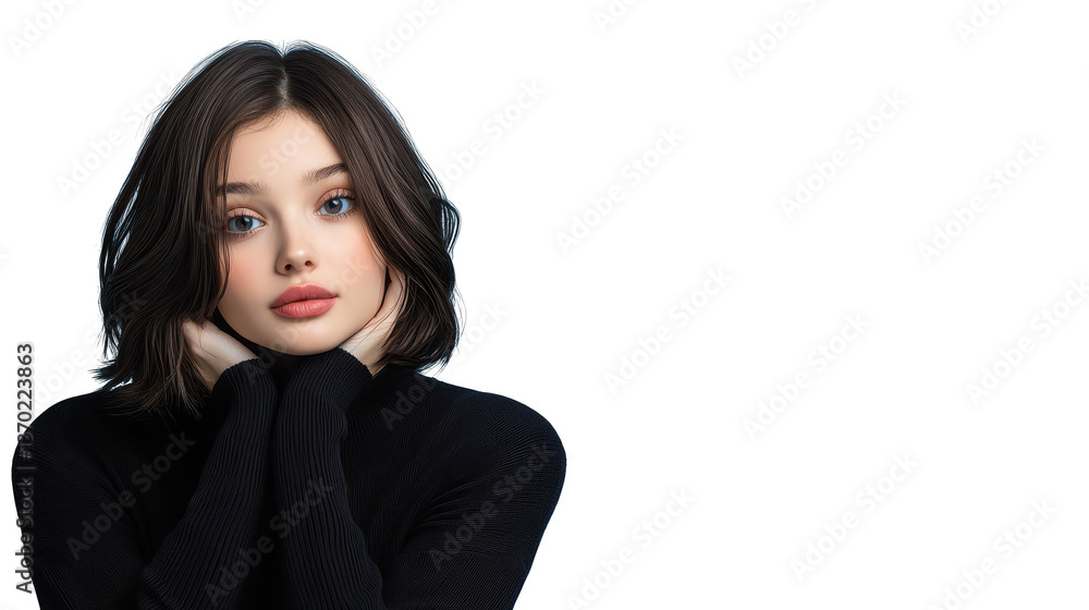 Captivating portrait, woman in black sweater with striking red lipstick a Captivating portrait, woman in black sweater with striking red lipstick a