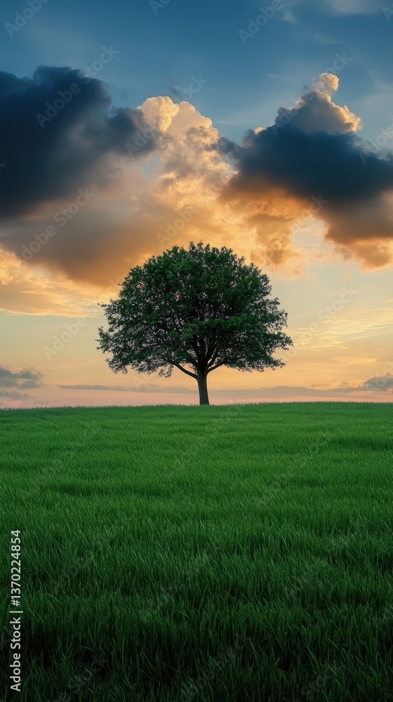 Obraz premium The Lone Sentinel: A solitary tree stands majestic in a vast field of vibrant green grass, under a dramatic sky. Capturing the essence of nature's solitude and enduring beauty.