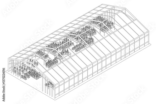 A greenhouse is shown in a drawing with many plants inside. The greenhouse is long and narrow, with a lot of space for the plants to grow. The plants are arranged in rows. Isometric view