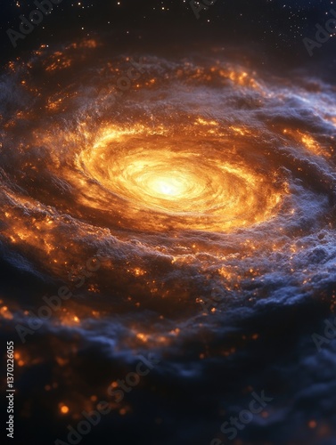 A swirling galaxy illuminated by vibrant celestial lights in space