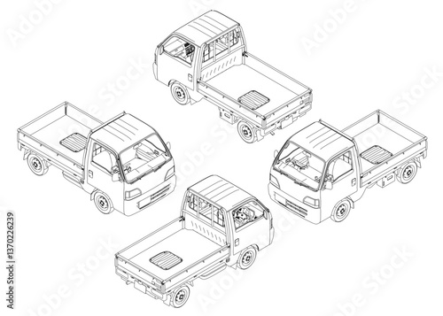 Four same trucks are shown in a grid. The trucks are all the same size and shape, but they are different views. The trucks are all parked next to each other. Isometric view. 3D