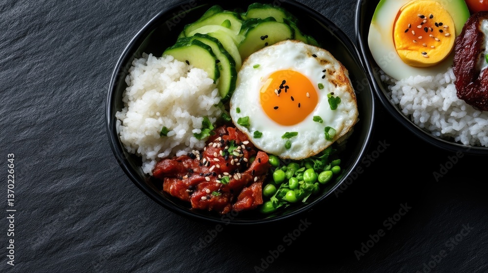 Asian bowl with rice, egg, cucumber, and fish Asian bowl with rice, egg, cucumber, and fish