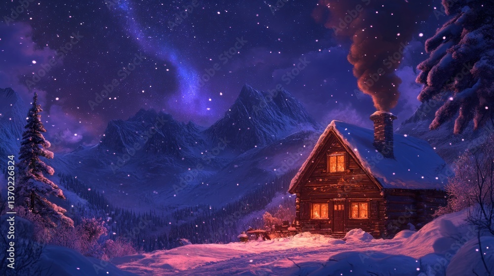 Fototapeta premium Cabin under Starry Sky, A winter landscape of solitude and serenity