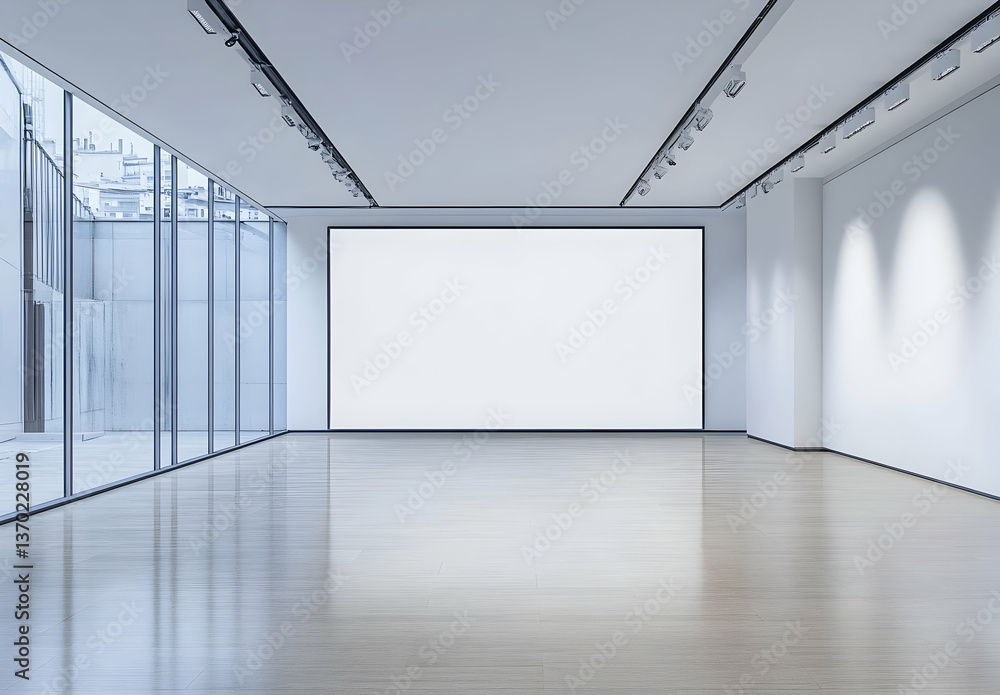 Fototapeta premium A large, blank white wall in an empty, modern art gallery