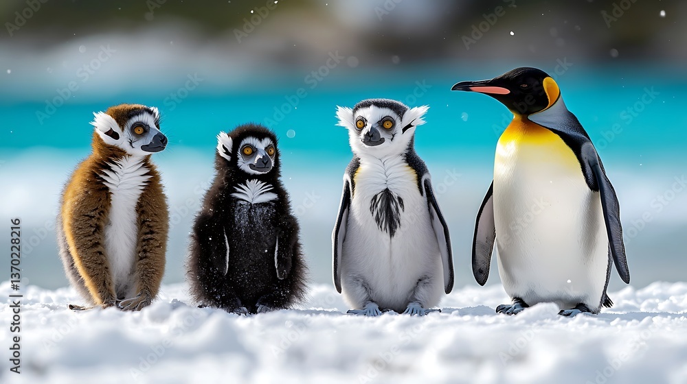 Obraz premium Lemurs Penguins Beach Scene