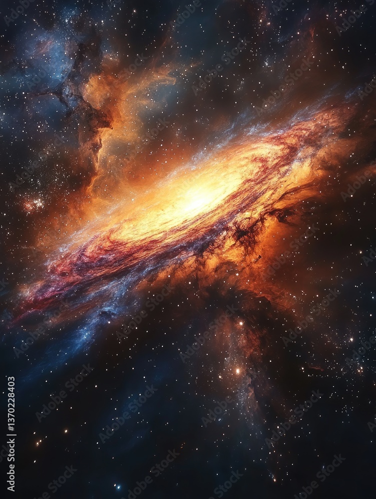 A stunning bright galaxy with swirling colors and surrounding stars A stunning bright galaxy with swirling colors and surrounding stars