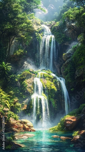 Waterfall's embrace: Experience the raw power and beauty of nature as a majestic waterfall cascades down moss-covered cliffs, creating a symphony of rushing water. a serene scene of natural splendor.