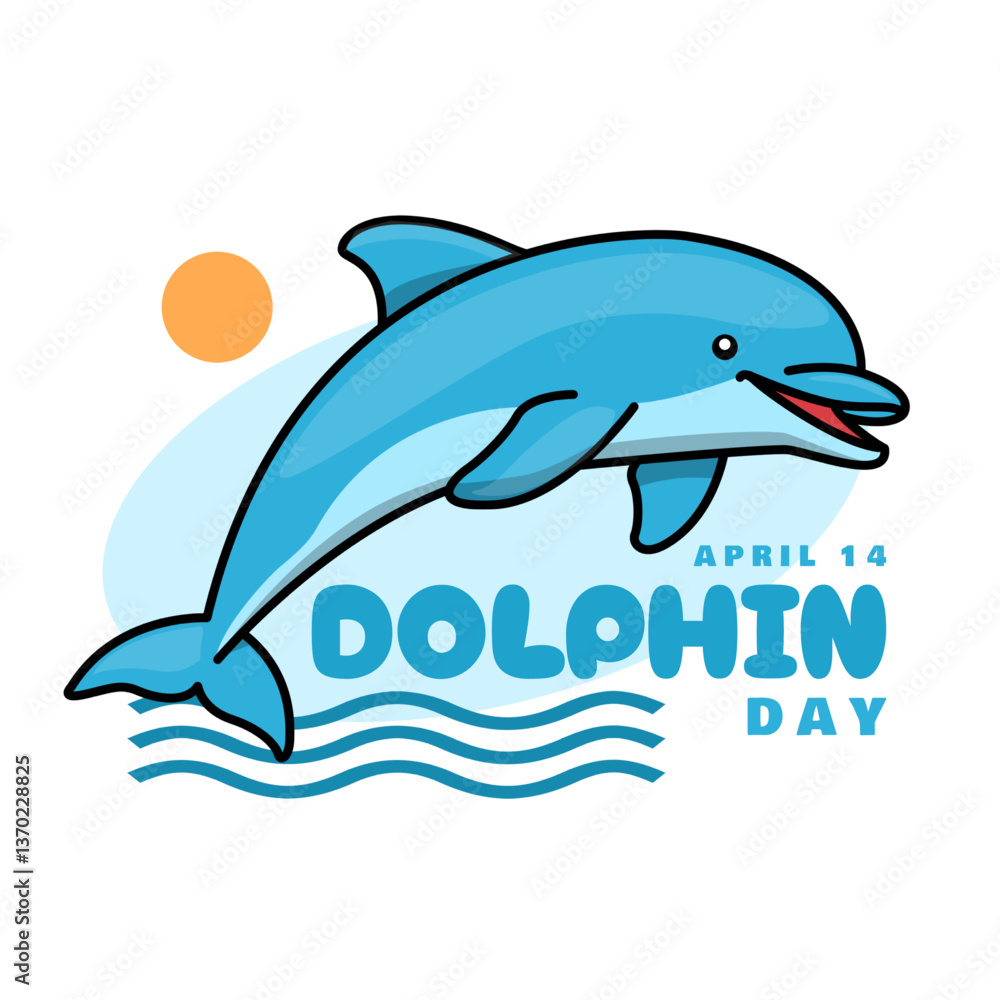 Obraz premium National Dolphin Day to celebrate on April 14th. Illustration of a cute dolphin jumping on the water with sun and bold text on white background. Animal event banner.
