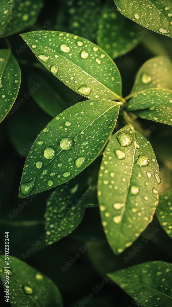 Raindrops on Leaves: Captivating close-up of vibrant green leaves glistening with delicate raindrops, creating a fresh, refreshing atmosphere. Raindrops on Leaves: Captivating close-up of vibrant green leaves glistening with delicate raindrops, creating a fresh, refreshing atmosphere.