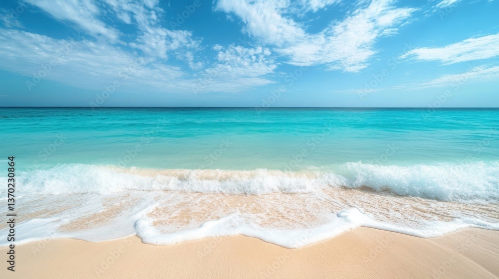 Fototapeta premium Seashore Serenity: A breathtaking view of the ocean with clear, turquoise water gently washing up on a sandy shore under a vast, cloud-filled sky, ideal for travel and relaxation.