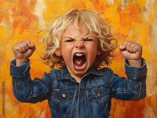 Angry toddler with yellow background.