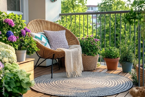 Beautiful balcony or terrace with wooden floor, chair and green potted flowers plants. Cozy relaxing area at home. Sunny stylish balcony terrace in the