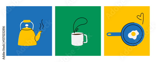 Minimalist kitchen illustration - Hot tea kettle, coffee cup with steam, fried egg. Colorful breakfast food art.