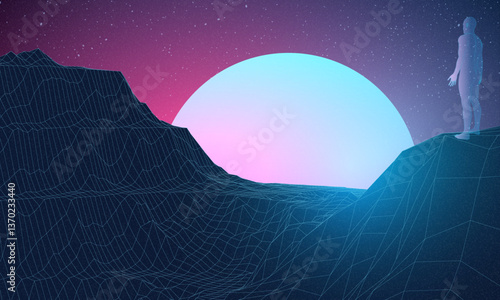 Abstract human in digital or alien space. Low poly graphics 80s 90s games style. Concept: self searching mental psychologic. Retro digital grid surface in search of the unknown. Wireframe net style