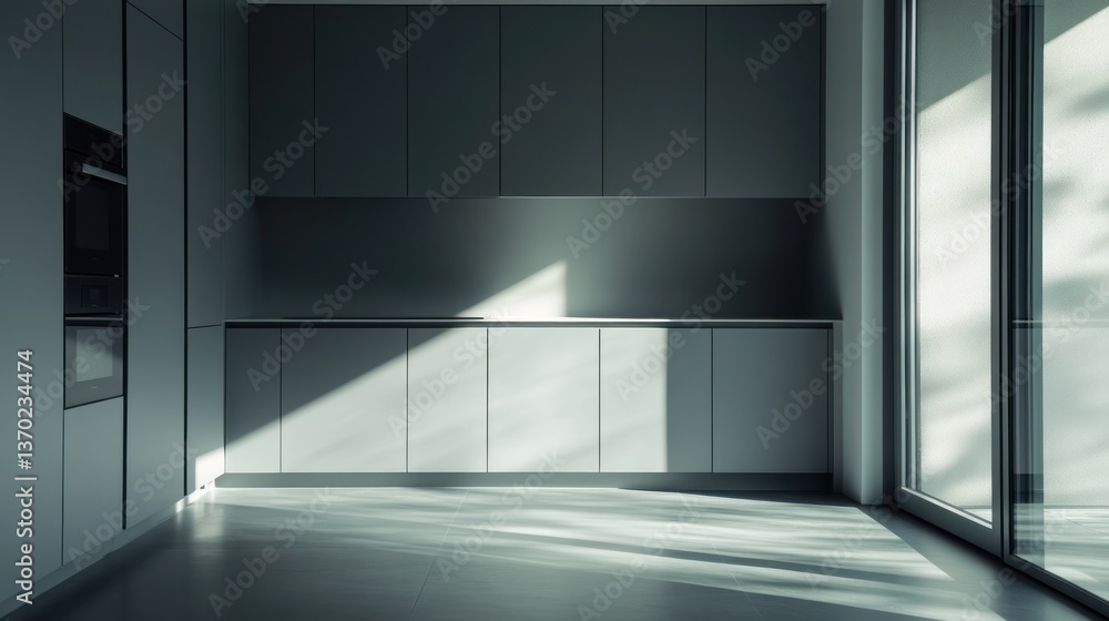 Fototapeta premium Modern Empty Kitchen, Sunlight Streaming In, Interior Design, For Real Estate