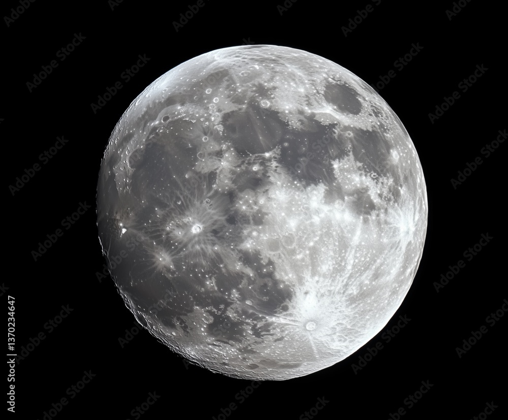 Obraz premium Full moon shining brightly in the night sky over a dark landscape, showcasing celestial details and craters during evening hours